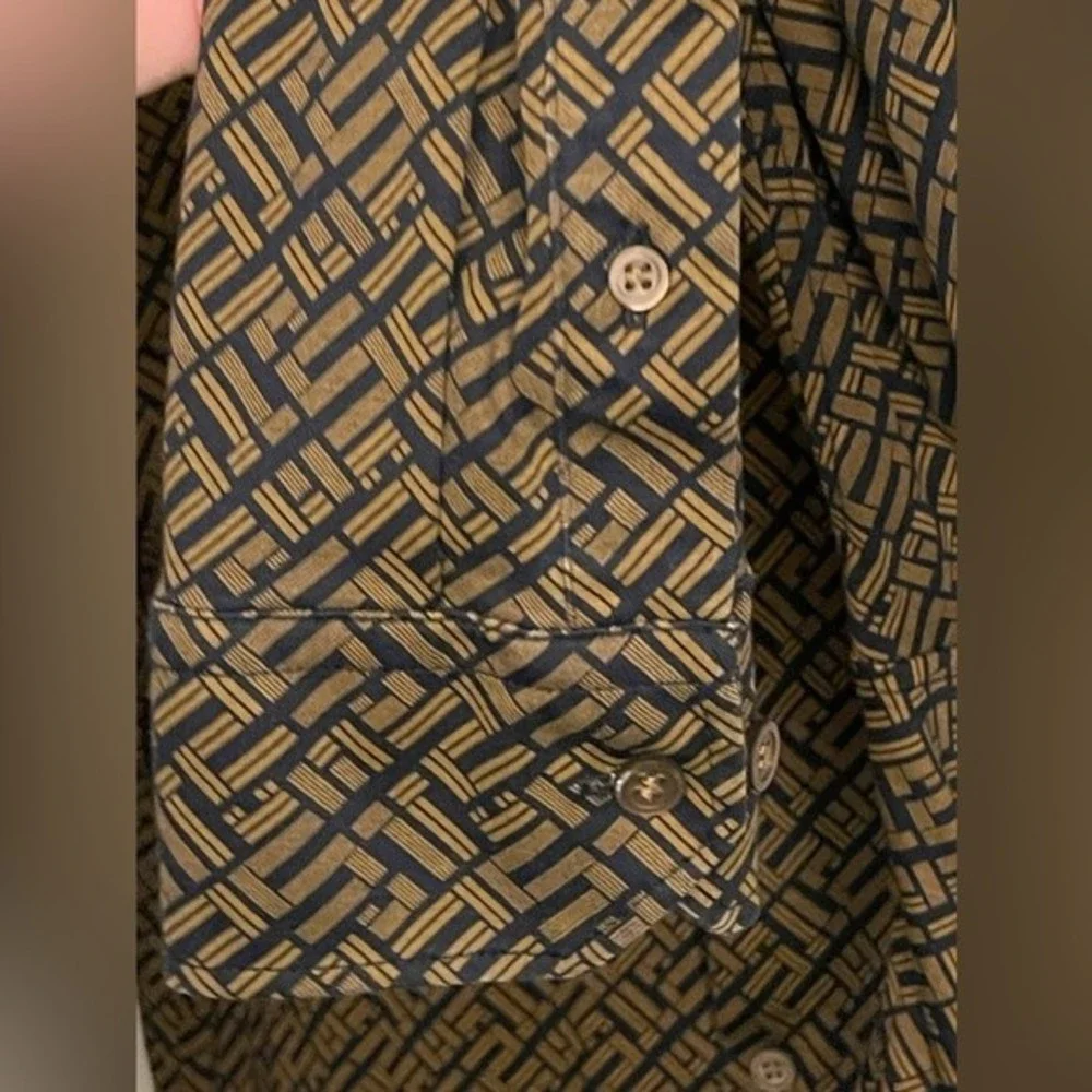Murano Liquid Luxury Slim Fit Geometric Button Up Navy Blue Brown size M - Picture 6 of 13